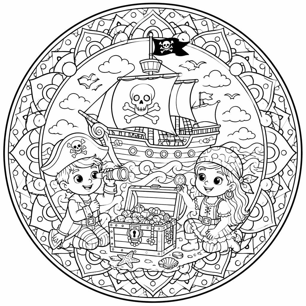 Página para colorear en blanco y negro con barco pirata, cofres del tesoro y niños, estilo mandala geométrico.
