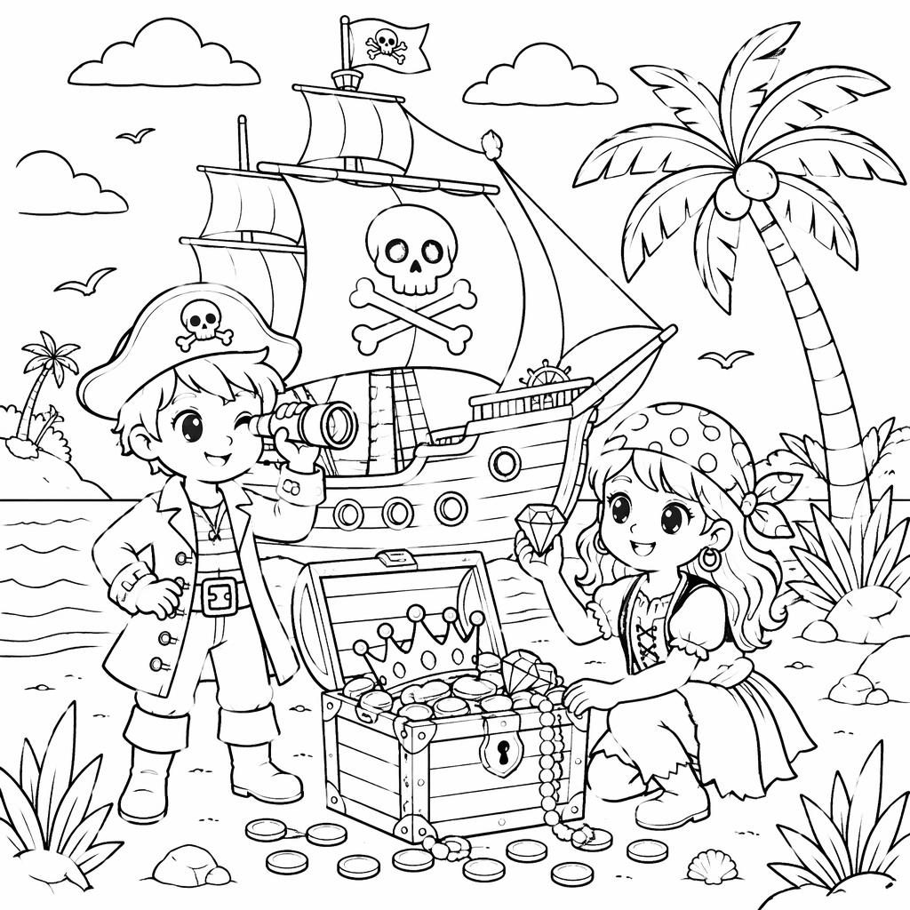 Illustration noir et blanc à colorier, style manga, avec navire pirate, trésor et enfants, contours nets.