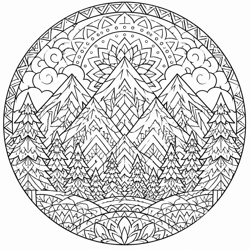 Schwarz-weiße Malvorlage mit Bergen und Tannen im detailreichen Mandala-Stil für Kinder.