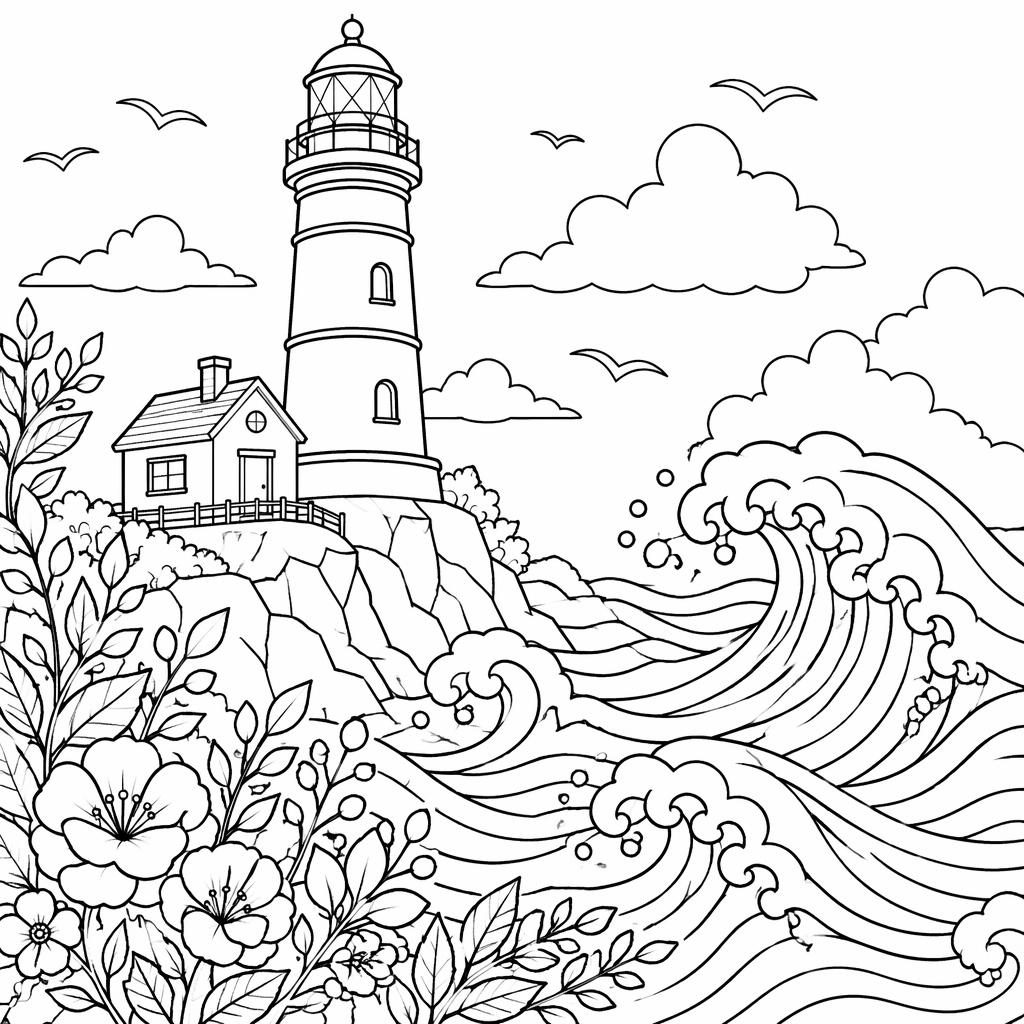 Ilustración para colorear en blanco y negro de un faro con olas y detalles botánicos, estilo lineal limpio.