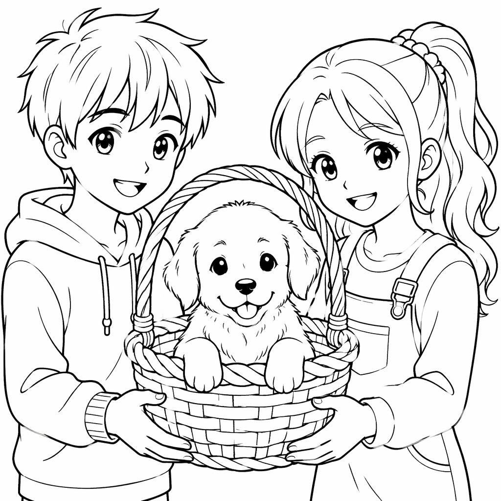 Schwarz-weiße Ausmalseite mit einem Welpen in einem Korb, kindgerecht im Manga-Stil als klare Line-Art.