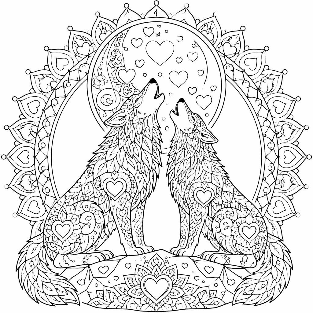 Ilustración para colorear en blanco y negro de lobos aullando a la luna con detalles geométricos tipo mandala.