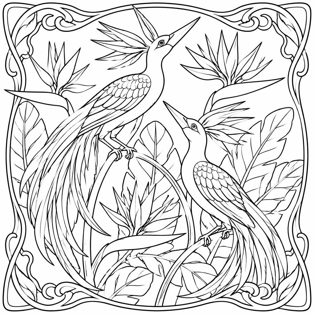 Ilustración en blanco y negro de aves del paraíso con detalles decorativos, contornos limpios y fondo blanco.