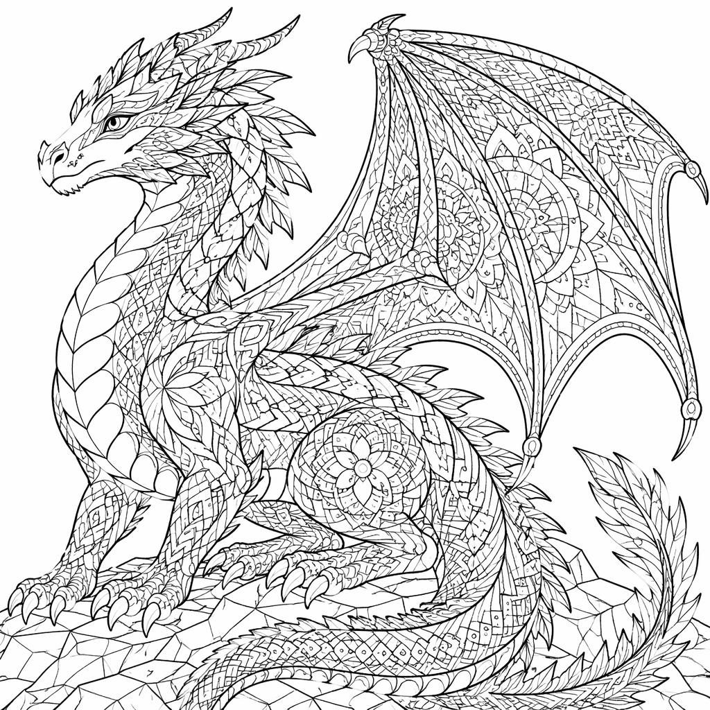 Schwarz-weißes Ausmalbild eines erwachsenen Fantasie-Drachen im detailreichen Mandala-Stil mit klaren Linien