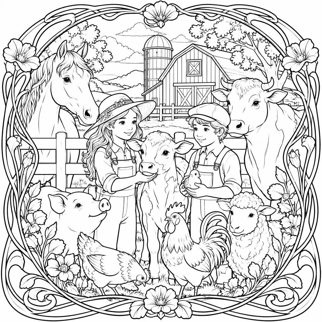 Ilustración en blanco y negro de animales de granja para niños, con líneas limpias, estilo art nouveau y fondo blanco.