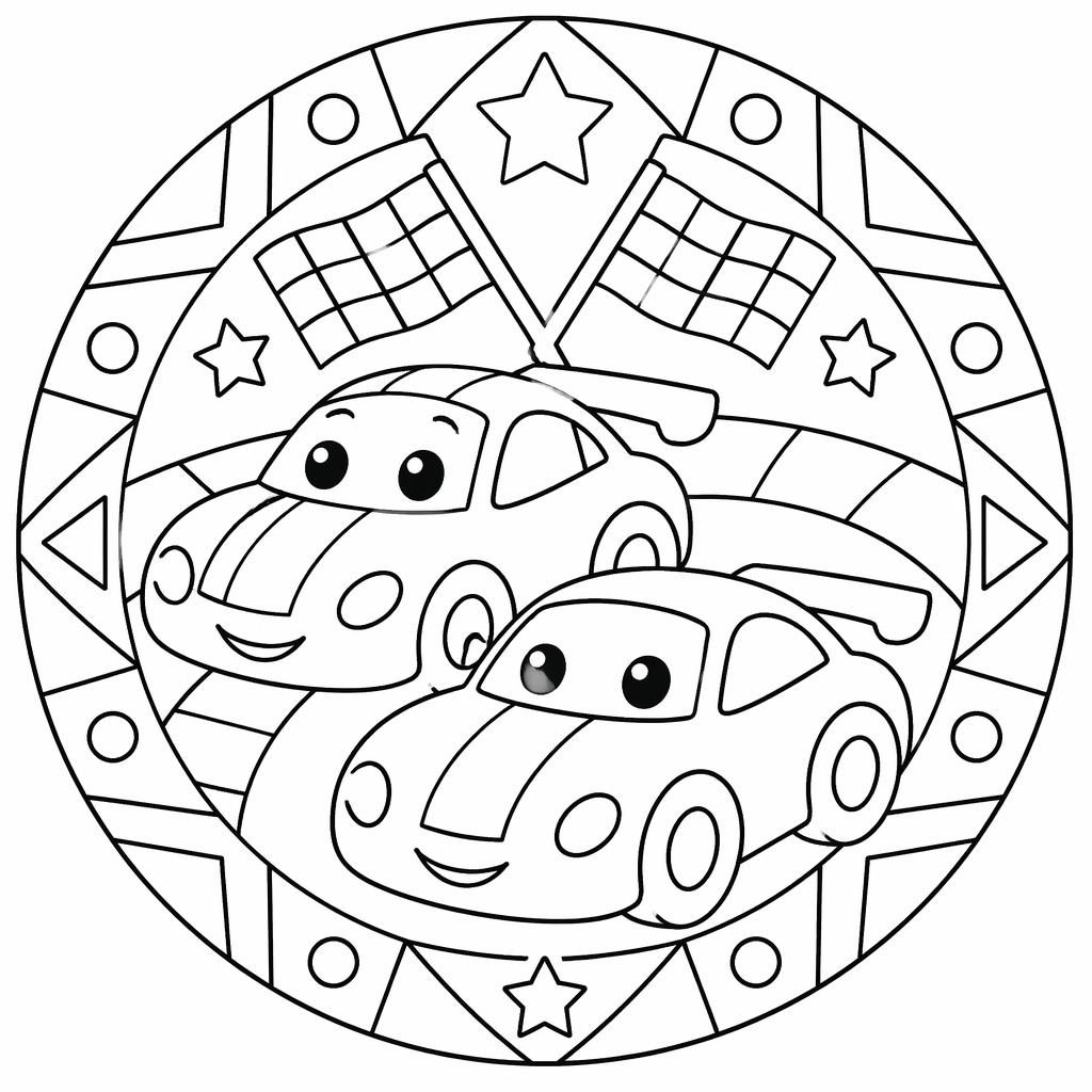 Schwarz-weiße Ausmalseite mit einfachen Rennwagen für Kinder im mandalaartigen Line-Art-Stil.