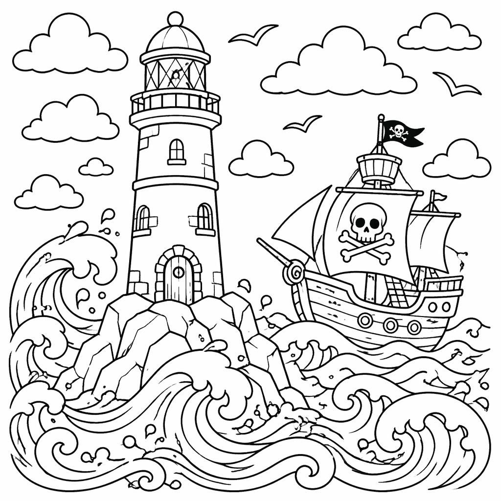 Schwarz-weiße Ausmalseite mit Leuchtturm, Wellen und niedlicher Cartoon-Lineart für Kinder
