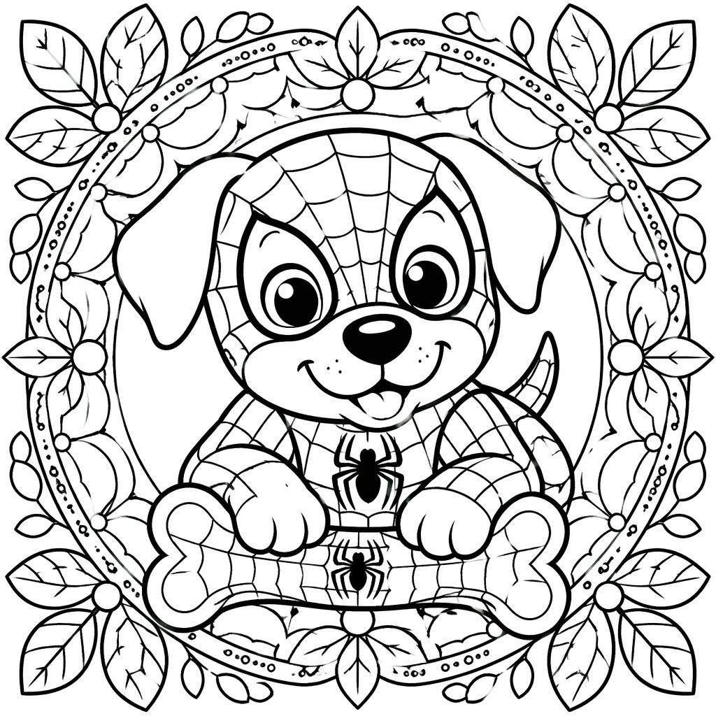 Black-and-white coloring page of a cute dog holding a bone, with chunky outlines, floral details, and kid-friendly line art.