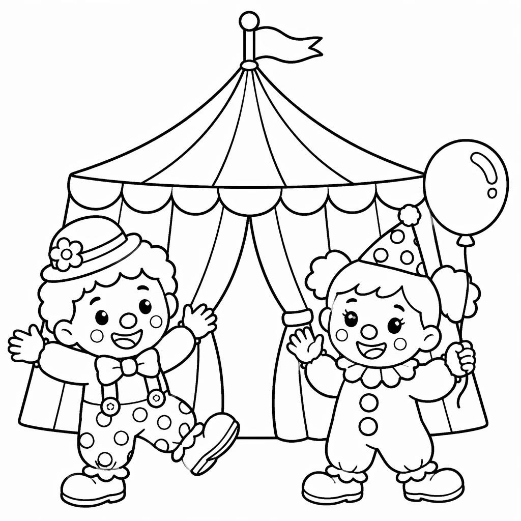 Ilustración infantil en blanco y negro de una carpa de circo con payasos niños, líneas gruesas y estilo tierno.