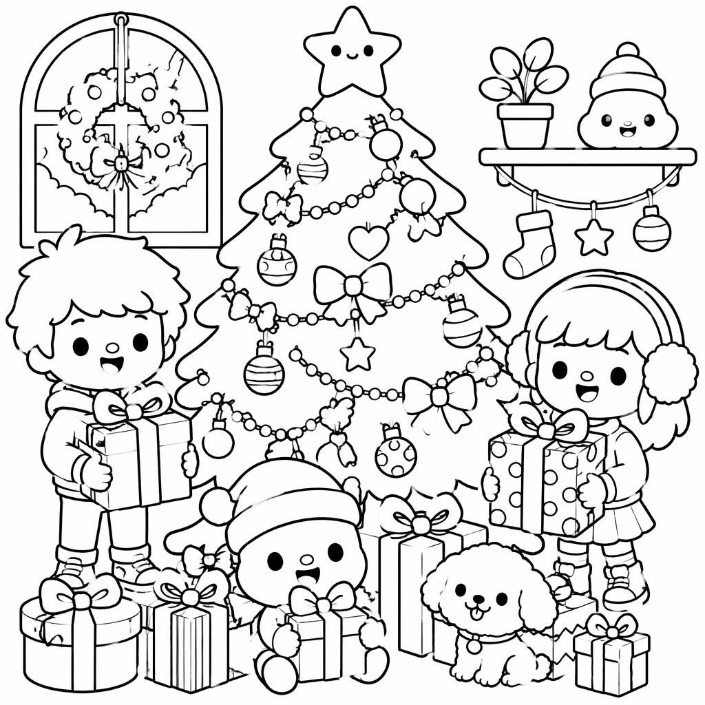 Schwarz-weiße Ausmalbild-Illustration mit Weihnachtsbaum, Geschenken und Kindern im niedlichen Cartoon-Stil.