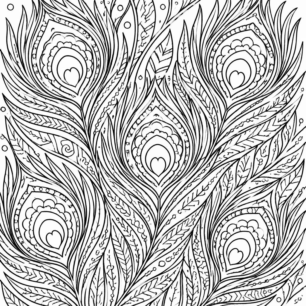 Ilustración para colorear en blanco y negro de plumas de pavo real detalladas, estilo zentangle, fondo blanco.