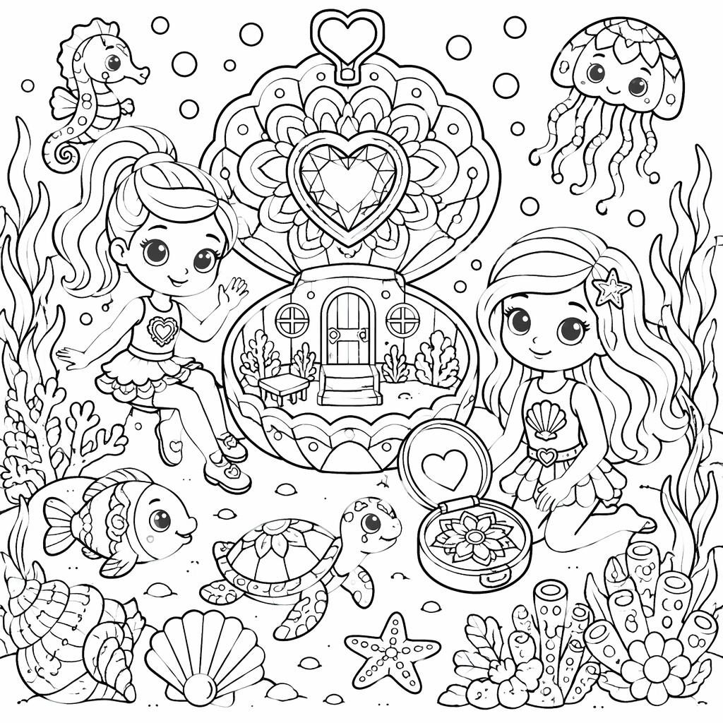 Ilustración para colorear en blanco y negro de una escena submarina infantil con peces, coral y formas mandala.