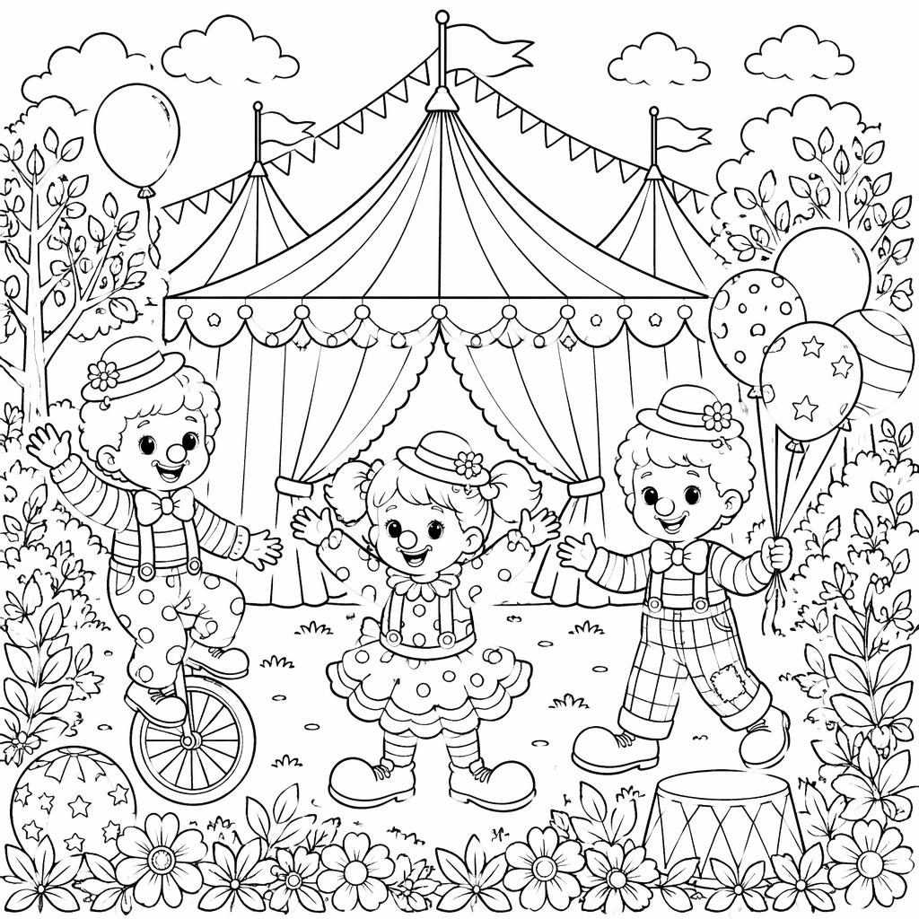 Schwarz-weiße Malvorlage mit Zirkuszelt, fröhlichen Clown-Kindern und botanischen Details als klare Linienzeichnung.