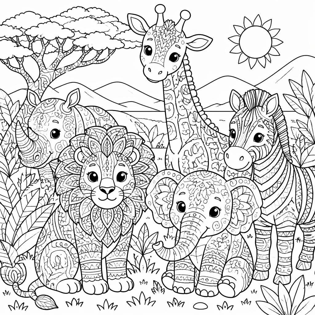 Ilustración para colorear en blanco y negro con animales de safari estilo zentangle y trazos manga limpios.
