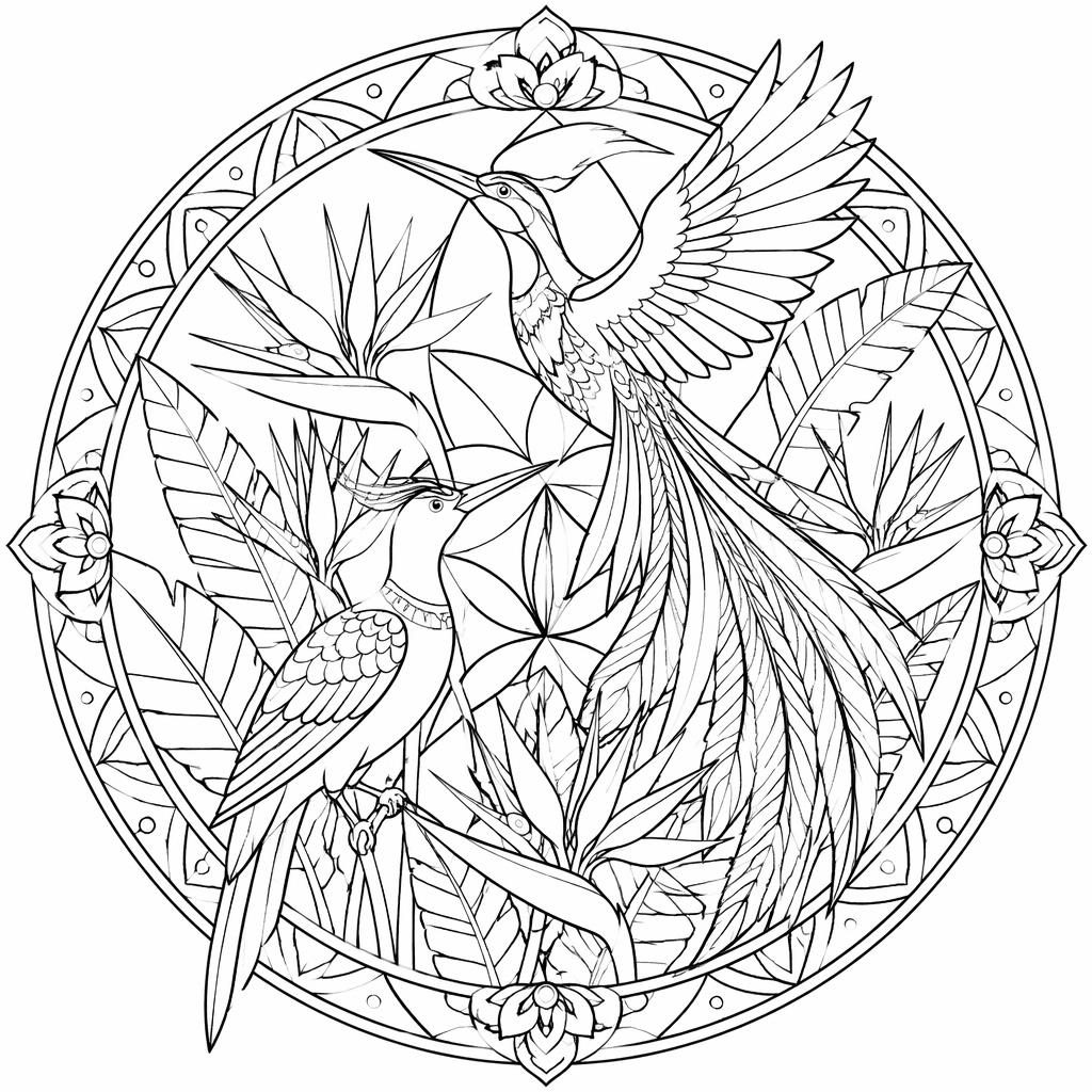Ilustración en blanco y negro de aves del paraíso con detalles intrincados y patrones geométricos tipo mandala.