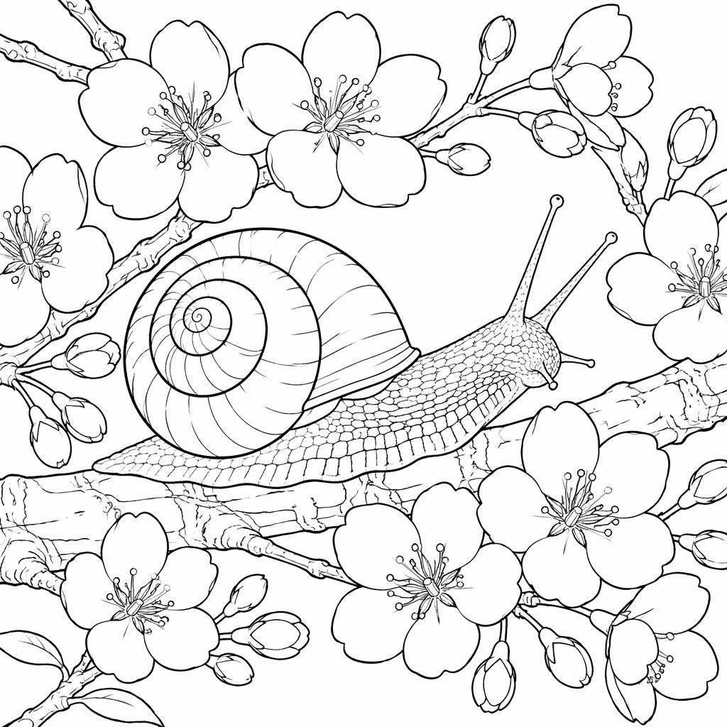 Ilustración para colorear en blanco y negro de flores de cerezo japonesas, estilo realista para adultos.