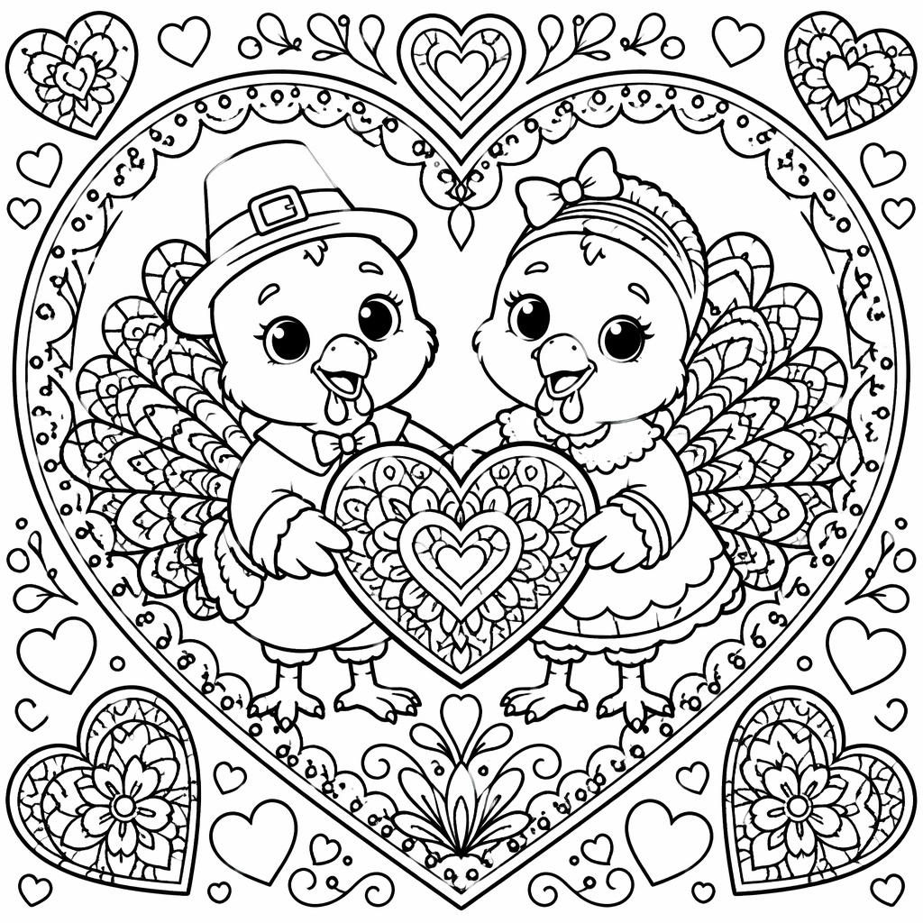 Illustration noir et blanc à colorier avec une dinde de Thanksgiving pour enfants, style mandala détaillé.