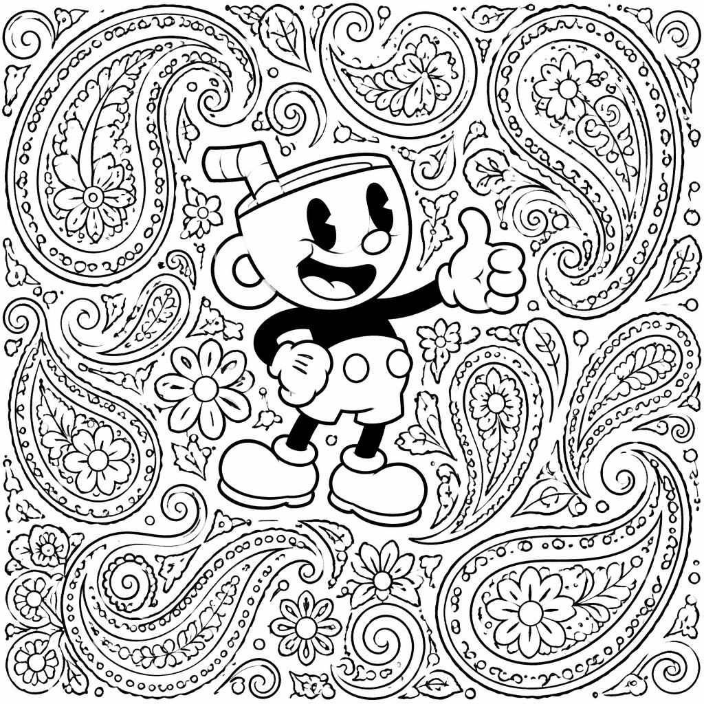Ilustración para colorear en blanco y negro con patrones paisley intrincados, estilo zentangle y contornos limpios.