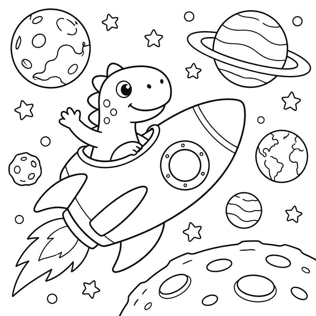Black-and-white coloring page with a simple space rocket, planets, and stars in clean outline line art.