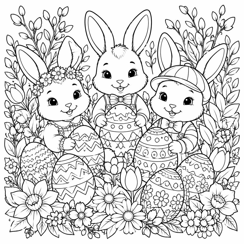 Black-and-white coloring page with bunny kids and decorated Easter eggs in detailed botanical line art.