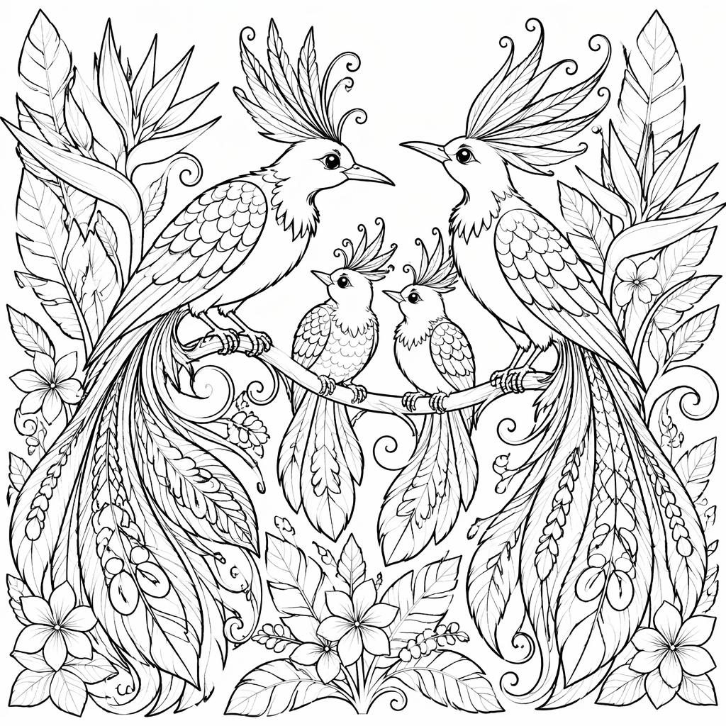 Ilustración para colorear en blanco y negro de aves del paraíso detalladas, estilo caricatura tierno y líneas limpias.