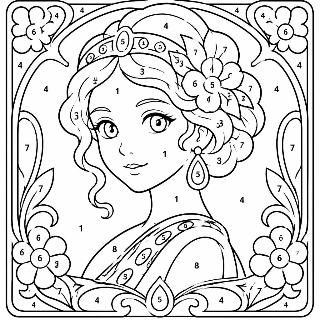 Black-and-white line art coloring page of an art nouveau woman portrait with chunky outlines in a manga-inspired style.