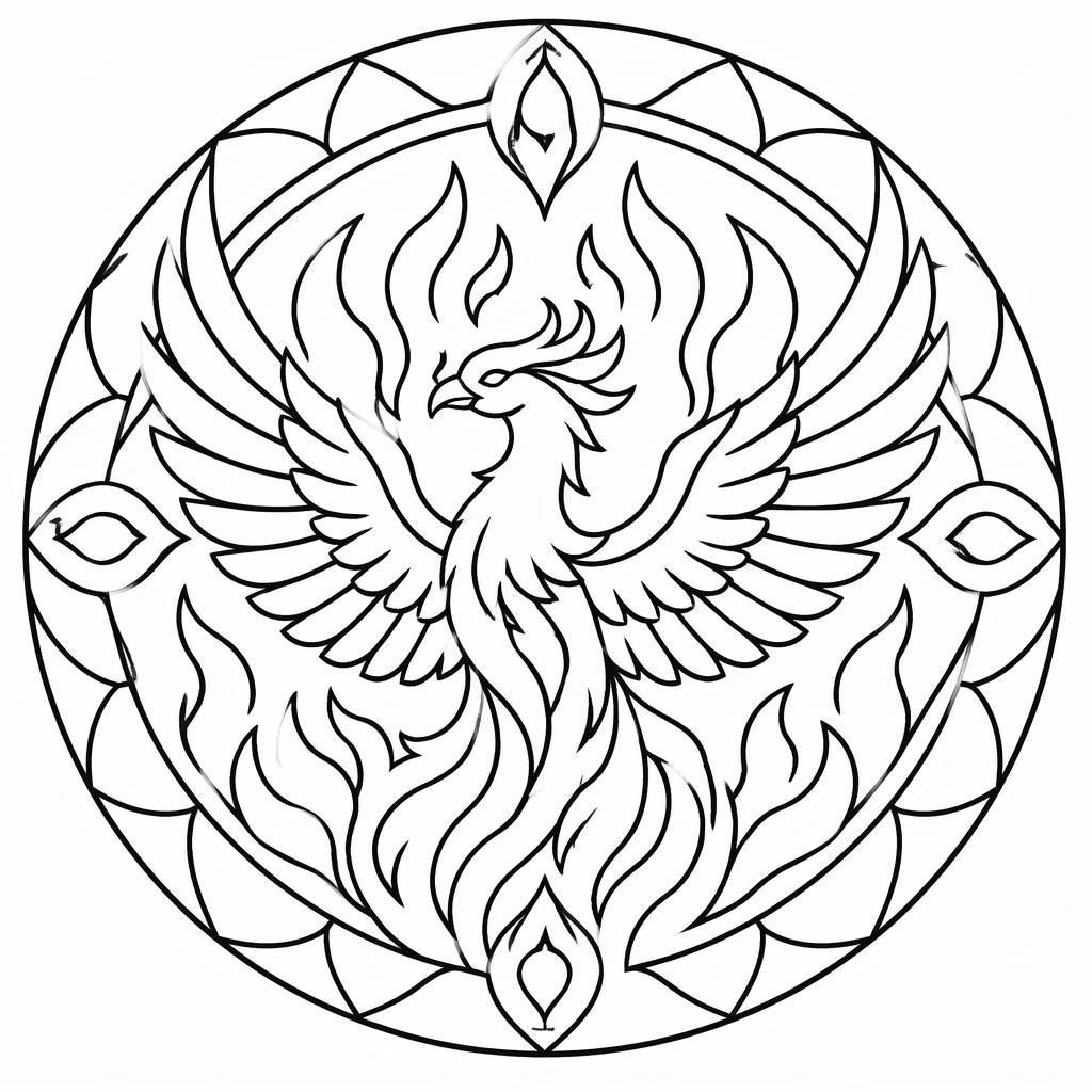 Ilustración para colorear en blanco y negro de un ave fénix con llamas, formas simples y estilo mandala geométrico.