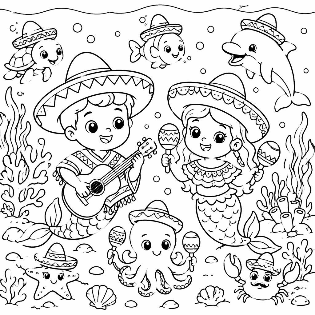 Black-and-white coloring page of a cute underwater ocean scene with friendly sea animals and kids-style cartoon details.