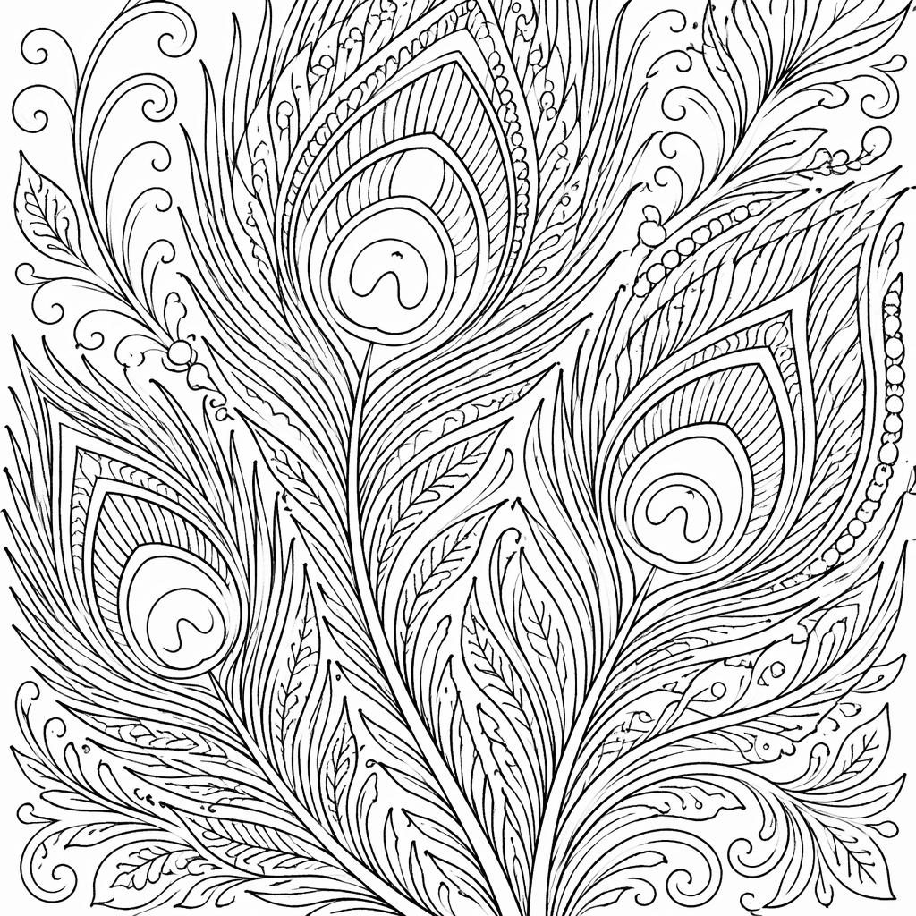 Illustration noir et blanc de plumes de paon très détaillées, style coloriage adulte, contours nets sur fond blanc.