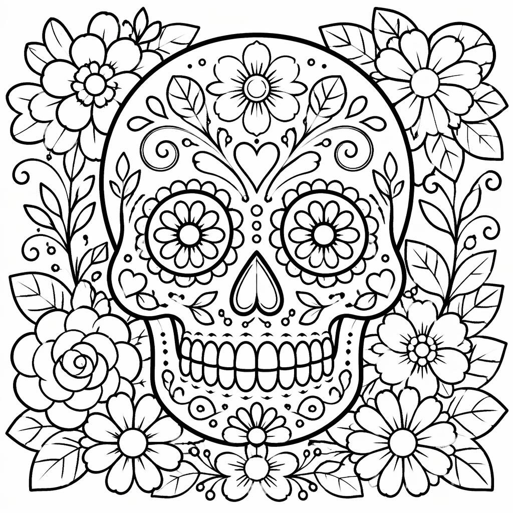Ilustración en blanco y negro de una calavera de azúcar con flores y detalles botánicos, líneas gruesas para colorear.