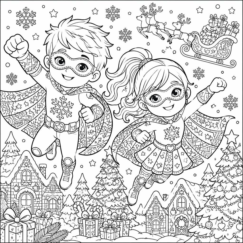 Schwarz-weiße Ausmalbild-Illustration mit Superhelden-Kindern, detailreich, klare Konturen, weihnachtlich und druckbar