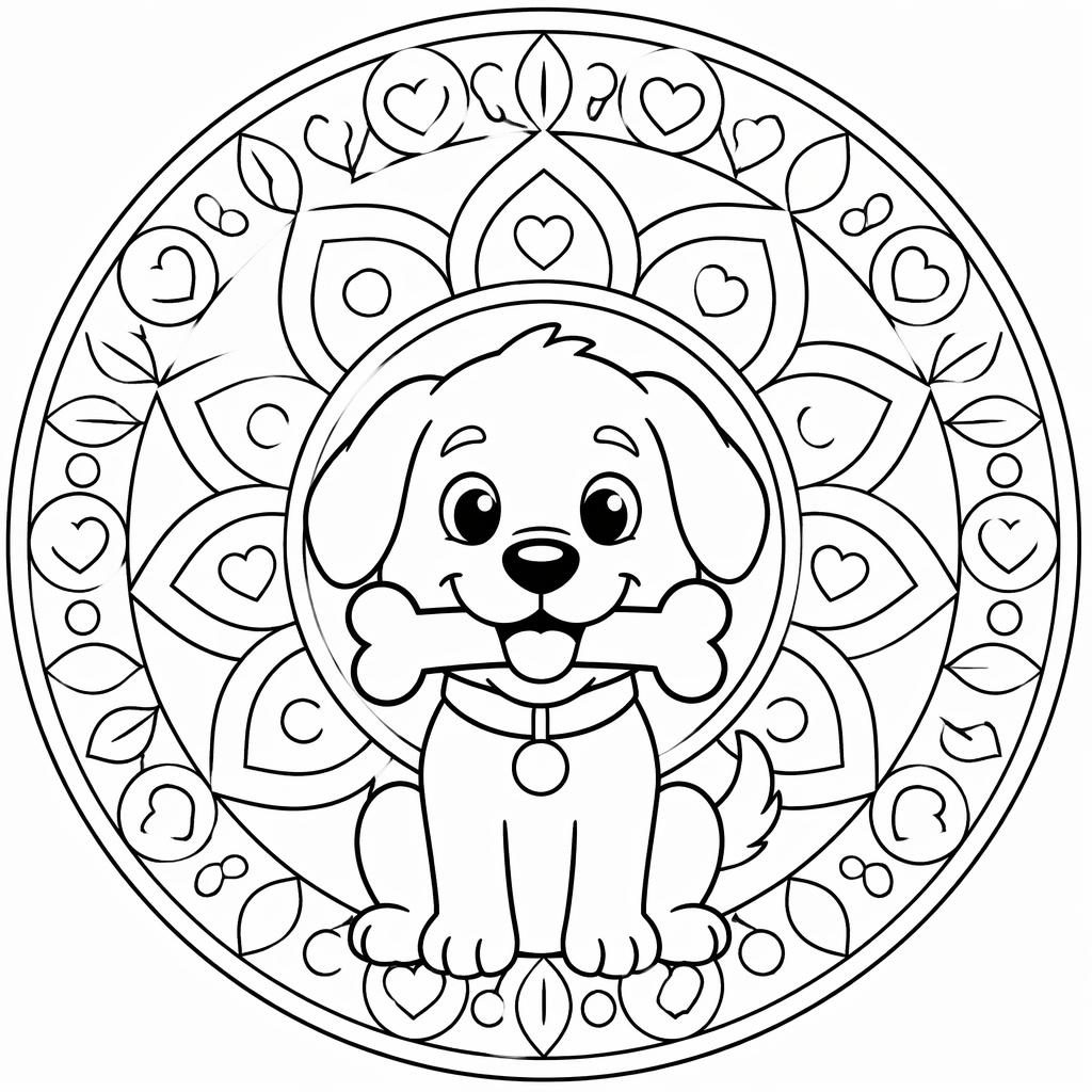 Ilustración para colorear en blanco y negro de un perro tierno con hueso, estilo mandala geométrico simple.