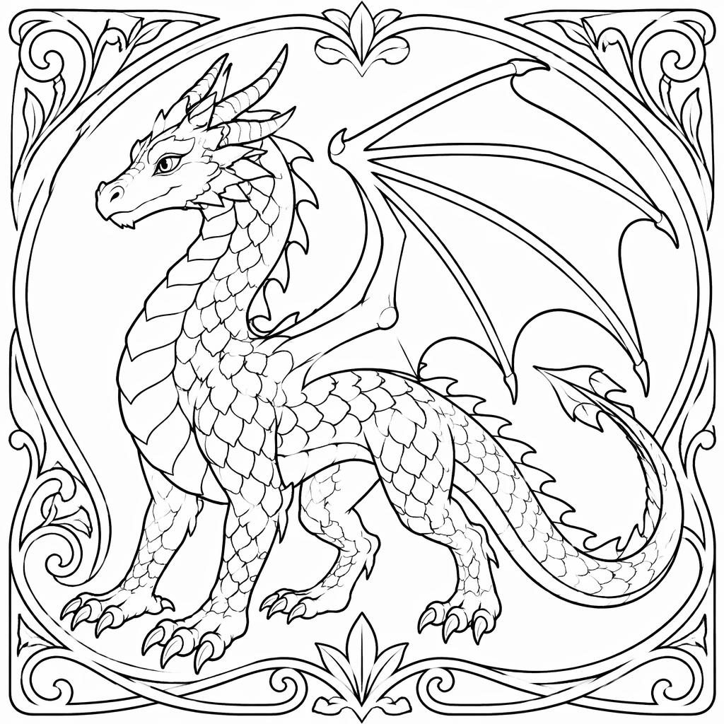 Illustration en noir et blanc d’un dragon fantasy adulte, style art nouveau, en contours simples à colorier.