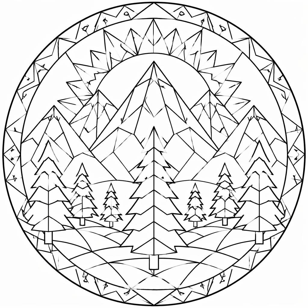 Schwarz-weiße Ausmalseite mit Bergen, Tannenbäumen und geometrischem Mandala-Linienstil auf weißem Hintergrund.