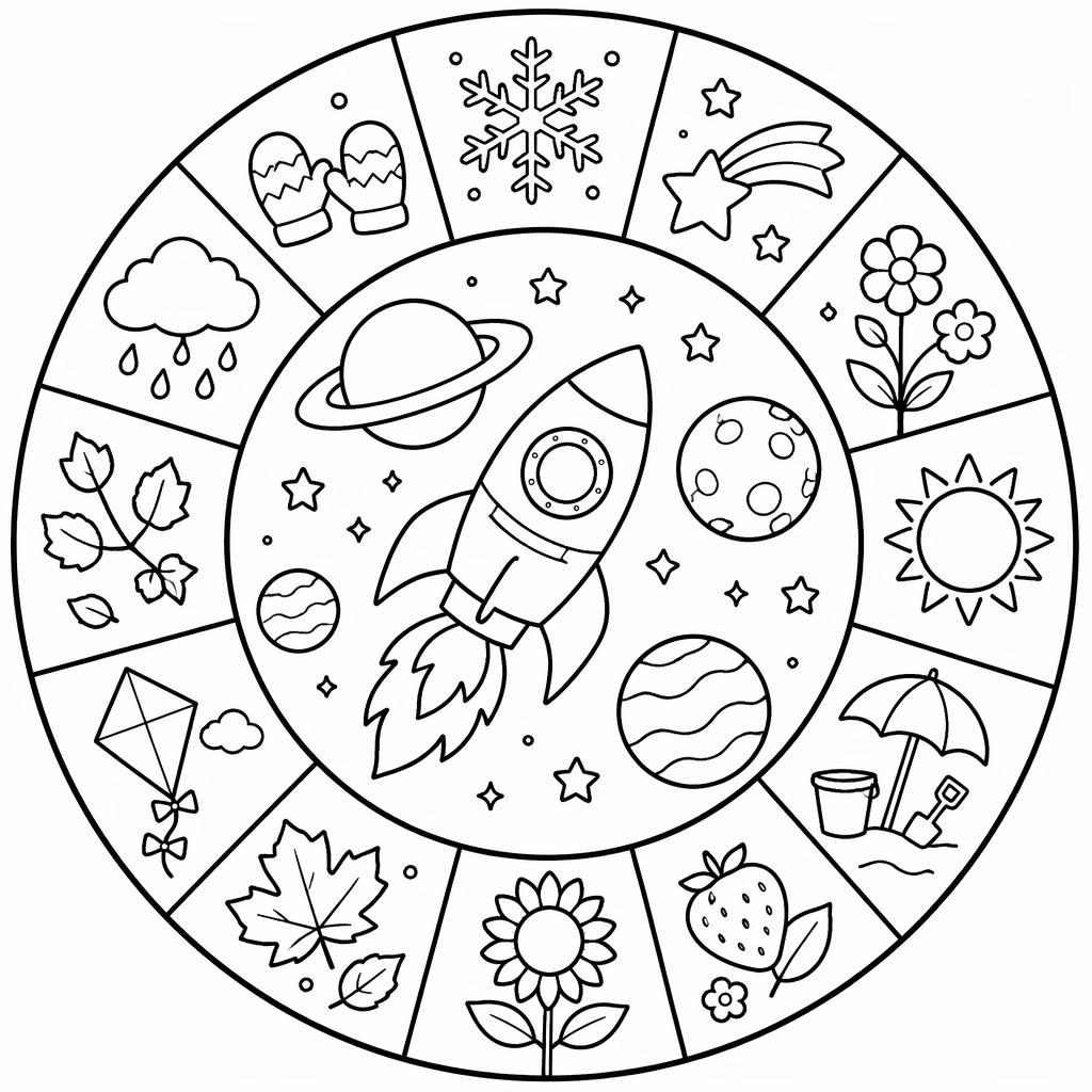 Schwarz-weiße Ausmalseite mit Weltraumrakete, Planeten und botanischen Details im klaren Line-Art-Stil.