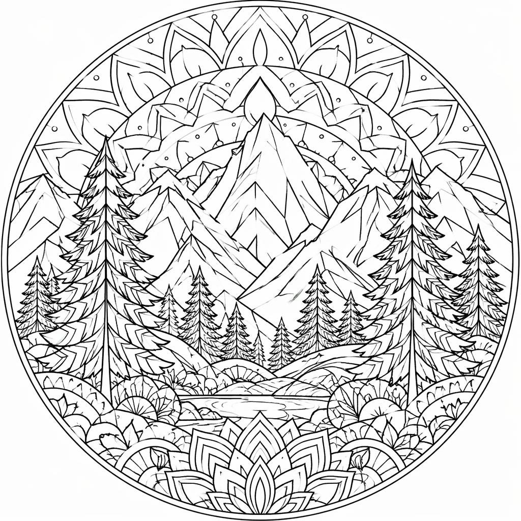 Schwarz-weiße Ausmalseite mit Bergen, Tannenbäumen und geometrischen Mandala-Details für Erwachsene.