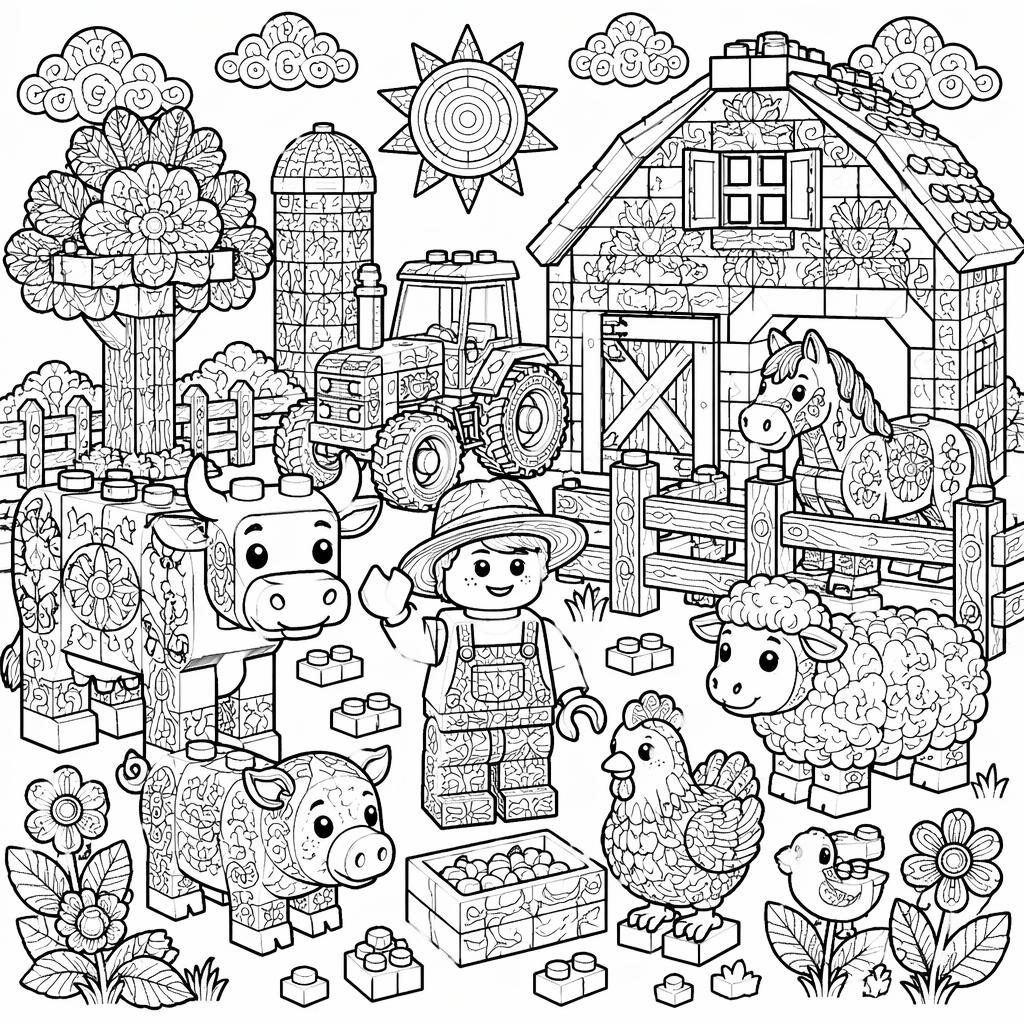 Schwarz-weiße Ausmalbild-Illustration mit Bauernhoftieren für Kinder, detailreich im Mandala- und Zentangle-Stil.
