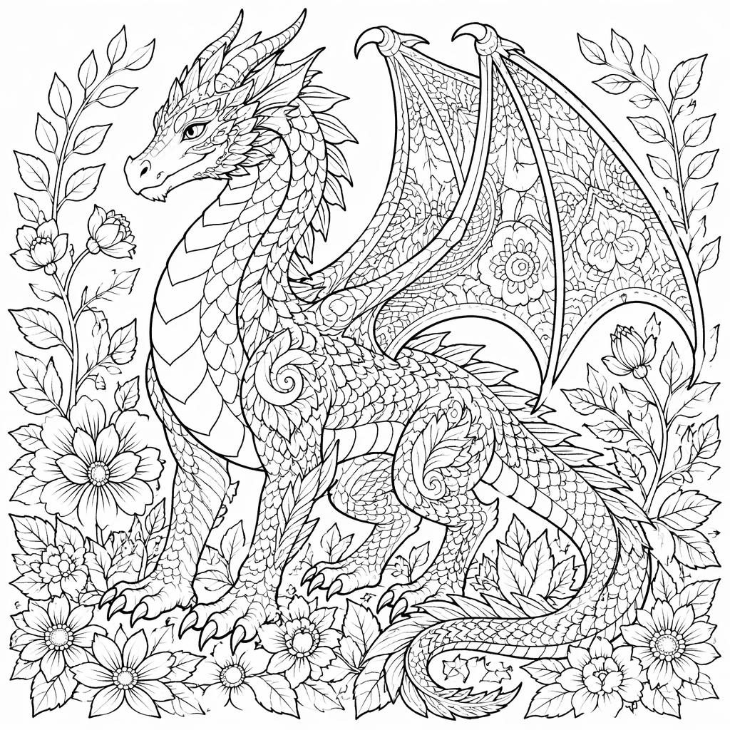 Ilustración en blanco y negro de un dragón fantástico adulto con detalles botánicos y formas cerradas para colorear.