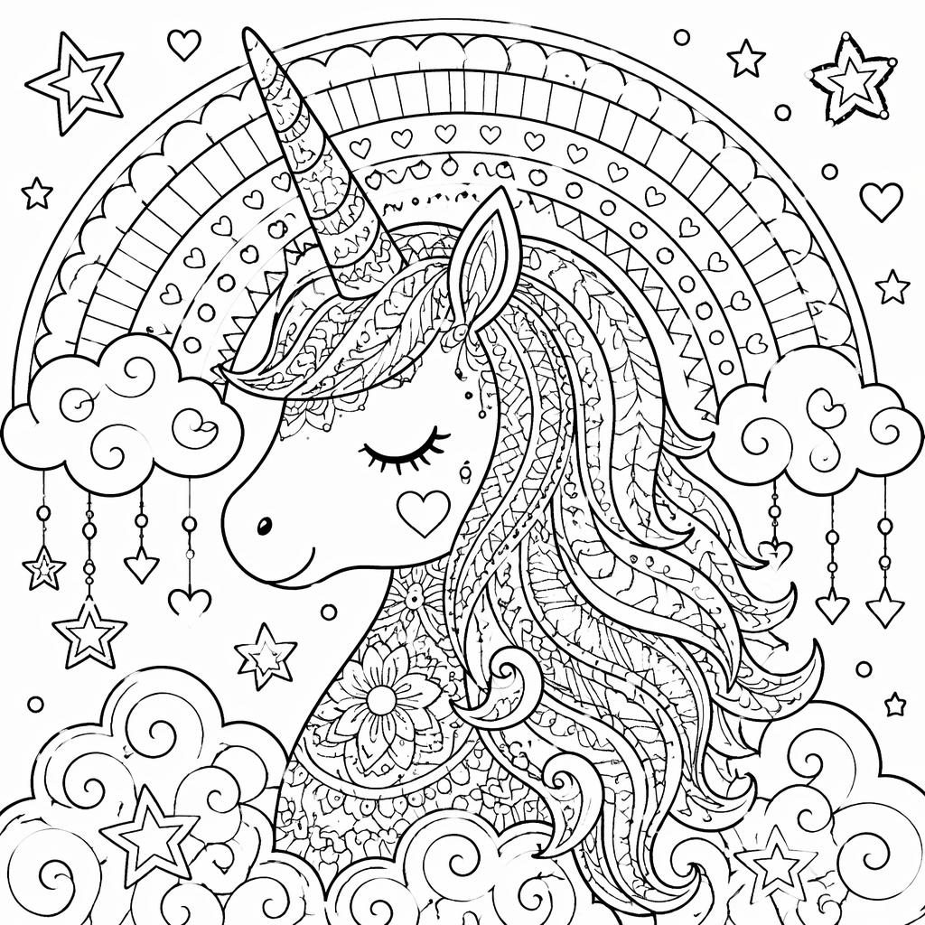 Illustration noir et blanc d’une licorne avec arc-en-ciel, style mandala zentangle, contours nets à colorier.