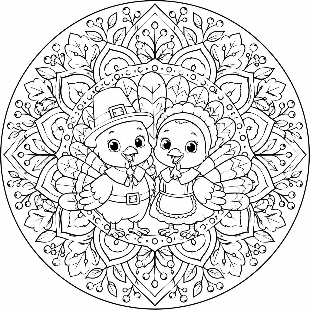 Ilustración para colorear en blanco y negro de niños con un pavo de Acción de Gracias y detalles botánicos.