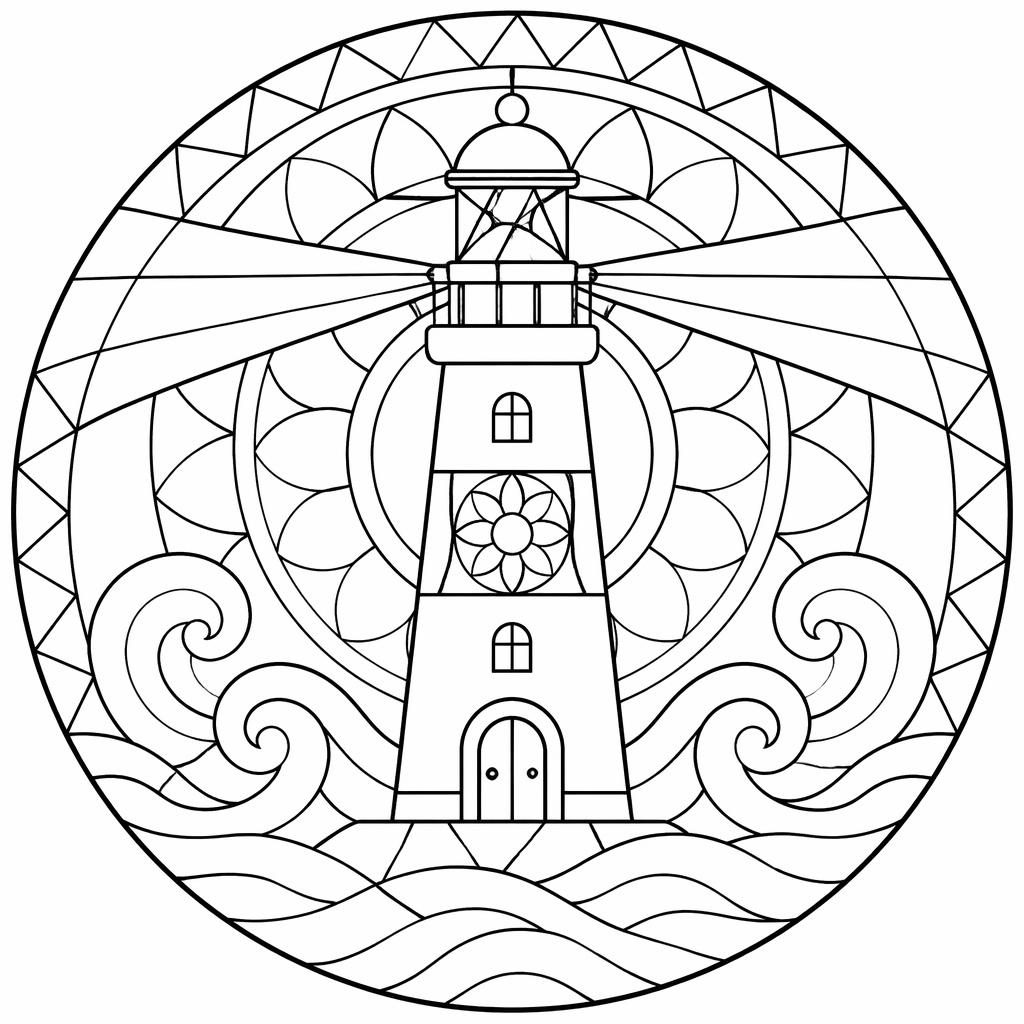 Schwarz-weiße Ausmalseite mit Leuchtturm, Wellen und einfachen geometrischen Mandala-Linien für Kinder.