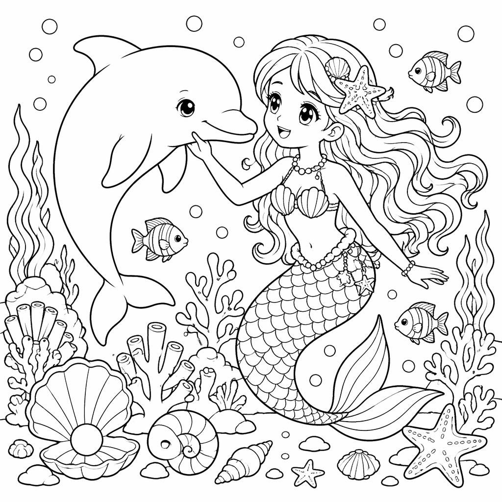 Illustration noir et blanc à colorier d’une sirène entourée d’éléments marins pour enfants, style manga