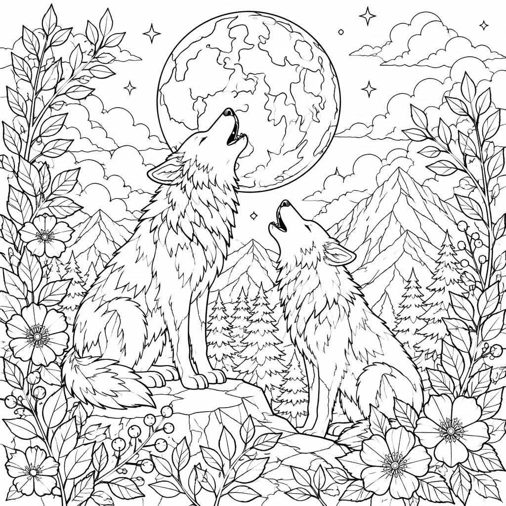 Illustration à colorier en noir et blanc de loups hurlant à la lune, style botanique, contours nets sur fond blanc.