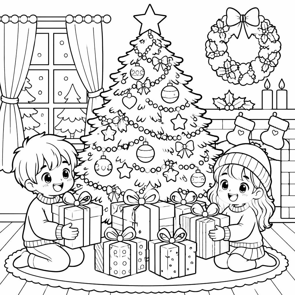 Schwarz-weiße Ausmalvorlage mit Weihnachtsbaum, Geschenken und Kindern im Manga-Stil als klare Line-Art