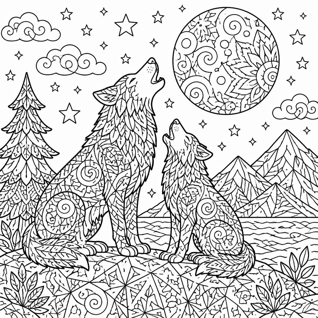 Schwarz-weiße Ausmalseite mit erwachsenen Wölfen, die den Mond anheulen, im einfachen Zentangle-Linienstil.