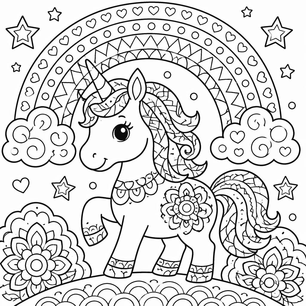 Black-and-white coloring page with a simple unicorn, rainbow, and bold geometric mandala-style outlines for kids.
