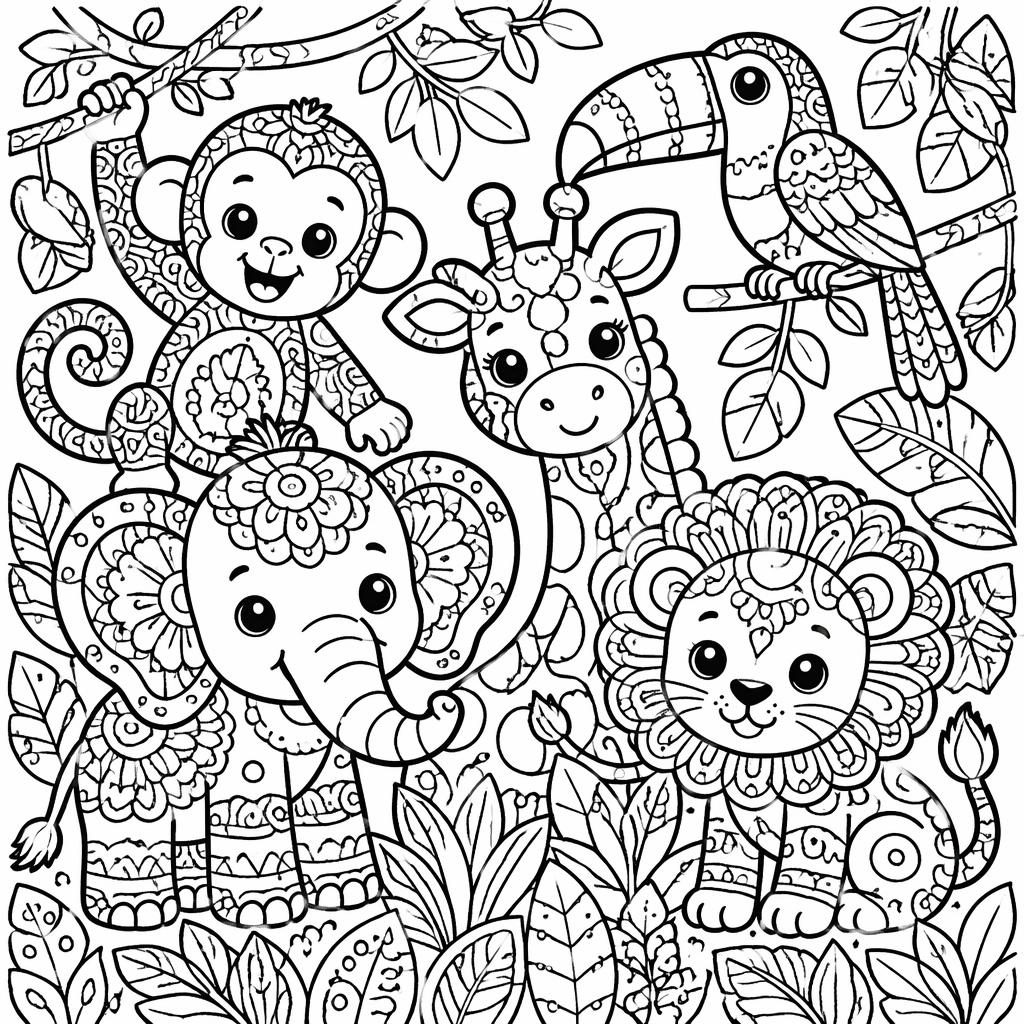 Schwarz-weiße Ausmalbild-Illustration mit kindlichen Dschungeltieren in dicken Konturen, sauberem Line-Art-Stil.