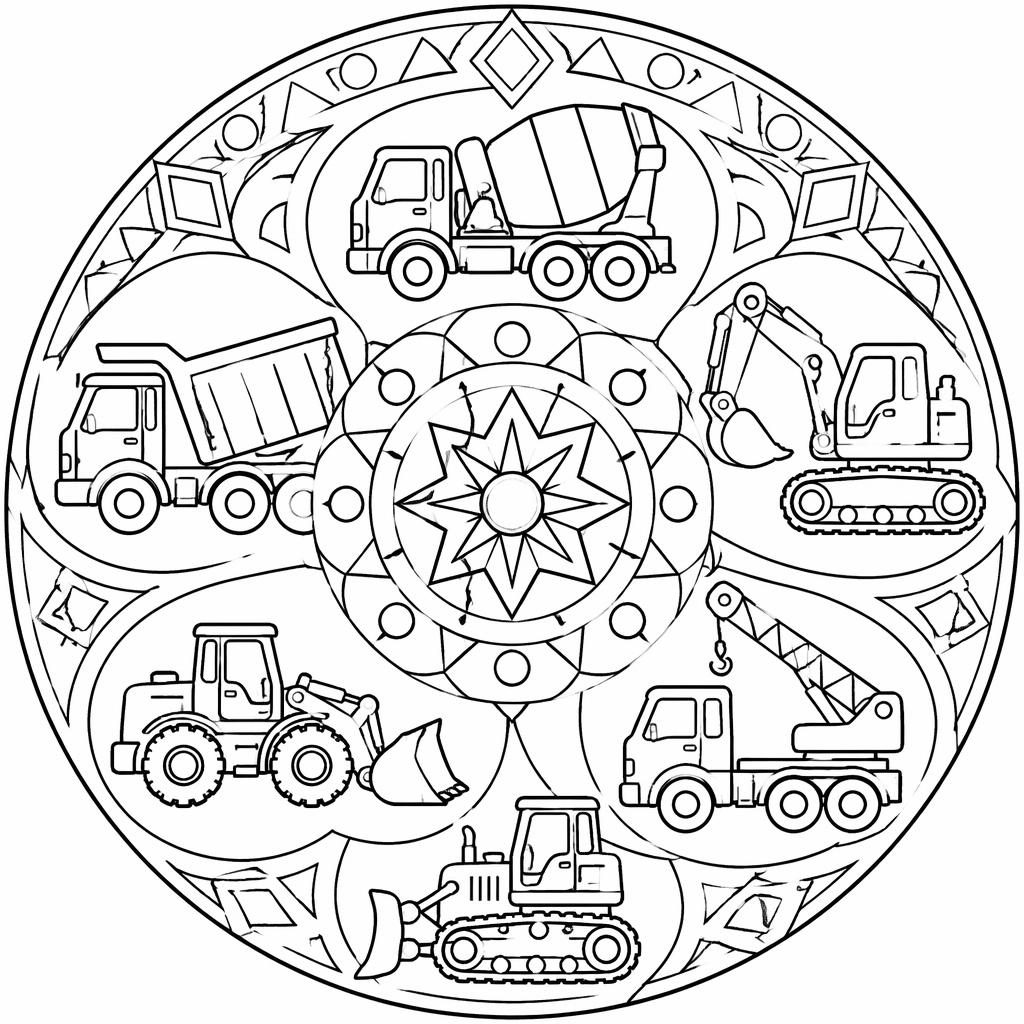 Ilustración para colorear en blanco y negro con camiones de construcción infantiles, estilo manga y líneas limpias.