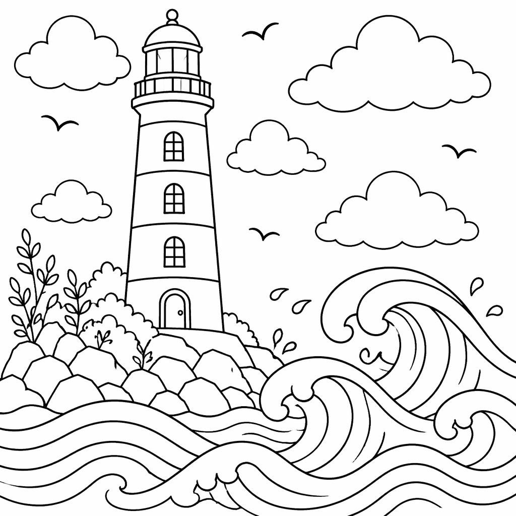Black-and-white coloring page with a simple lighthouse, ocean waves, and botanical-style line details on white.