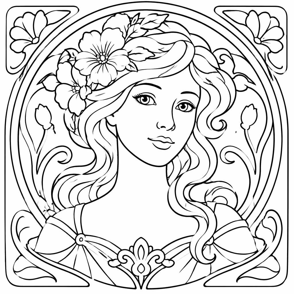 Portrait de femme art nouveau en noir et blanc, contours simples, grandes formes fermées à colorier